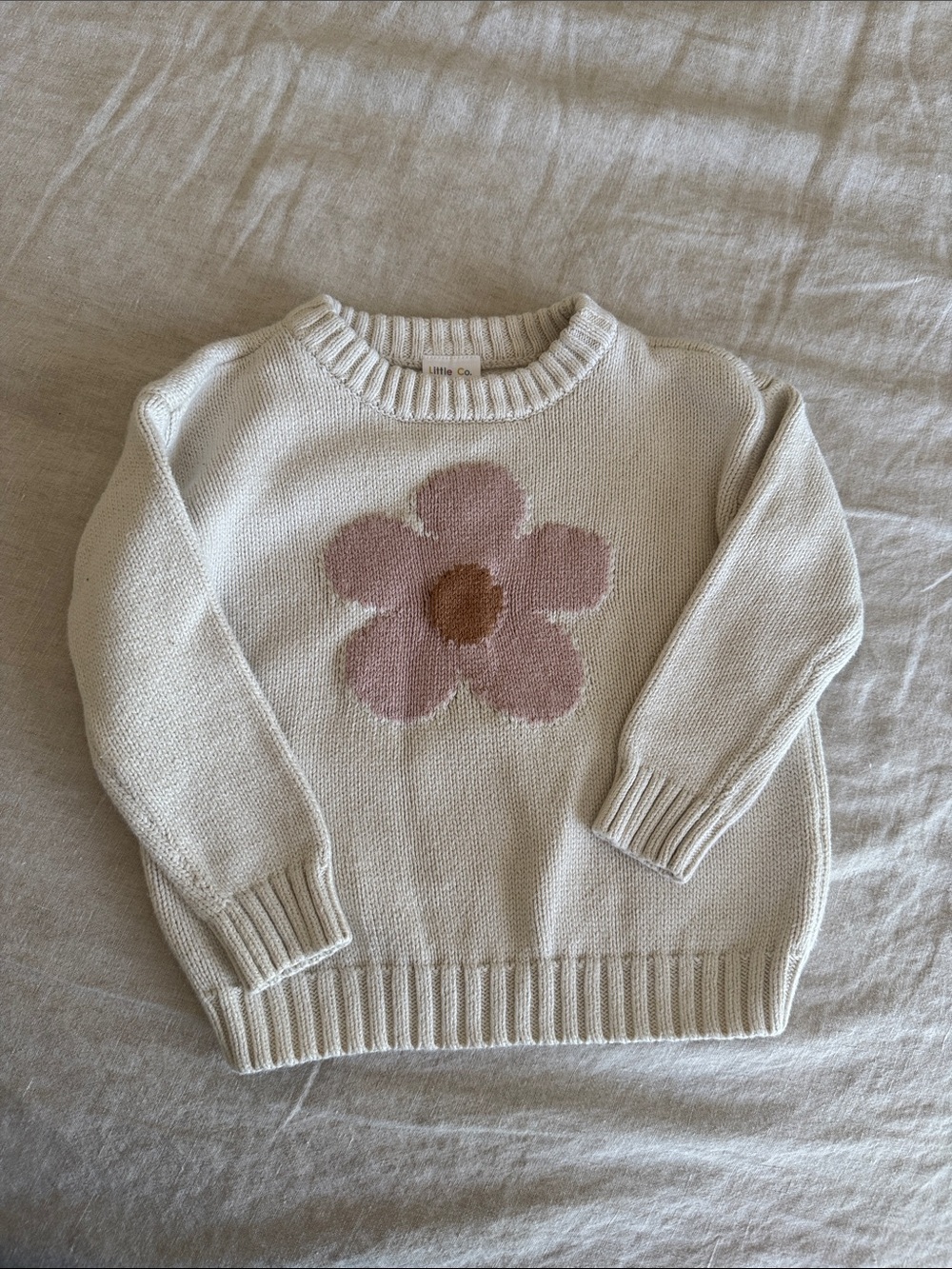 Little Co. Cream Knit Sweater with Pink Flower